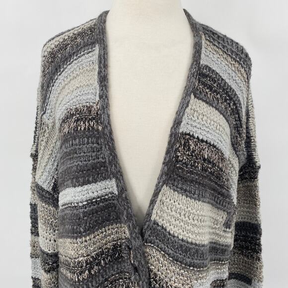 J Jill Open Front Cardigan Sweater Stripe Front Pin Close Stretchy Grey Womens L - Picture 3 of 9